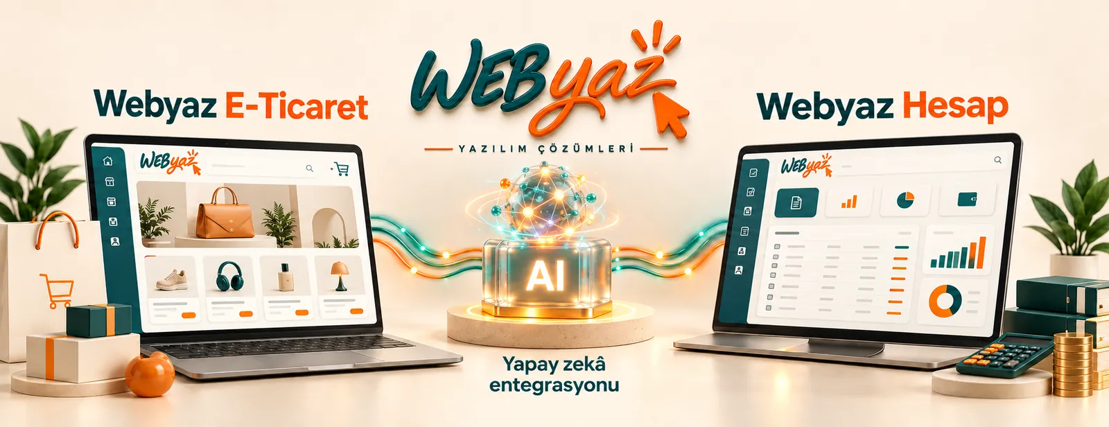 Webyaz logosu altında E-Ticaret ve Webyaz Hesap ekranlarını yapay zekâ merkeziyle birleştiren kampanya konsepti