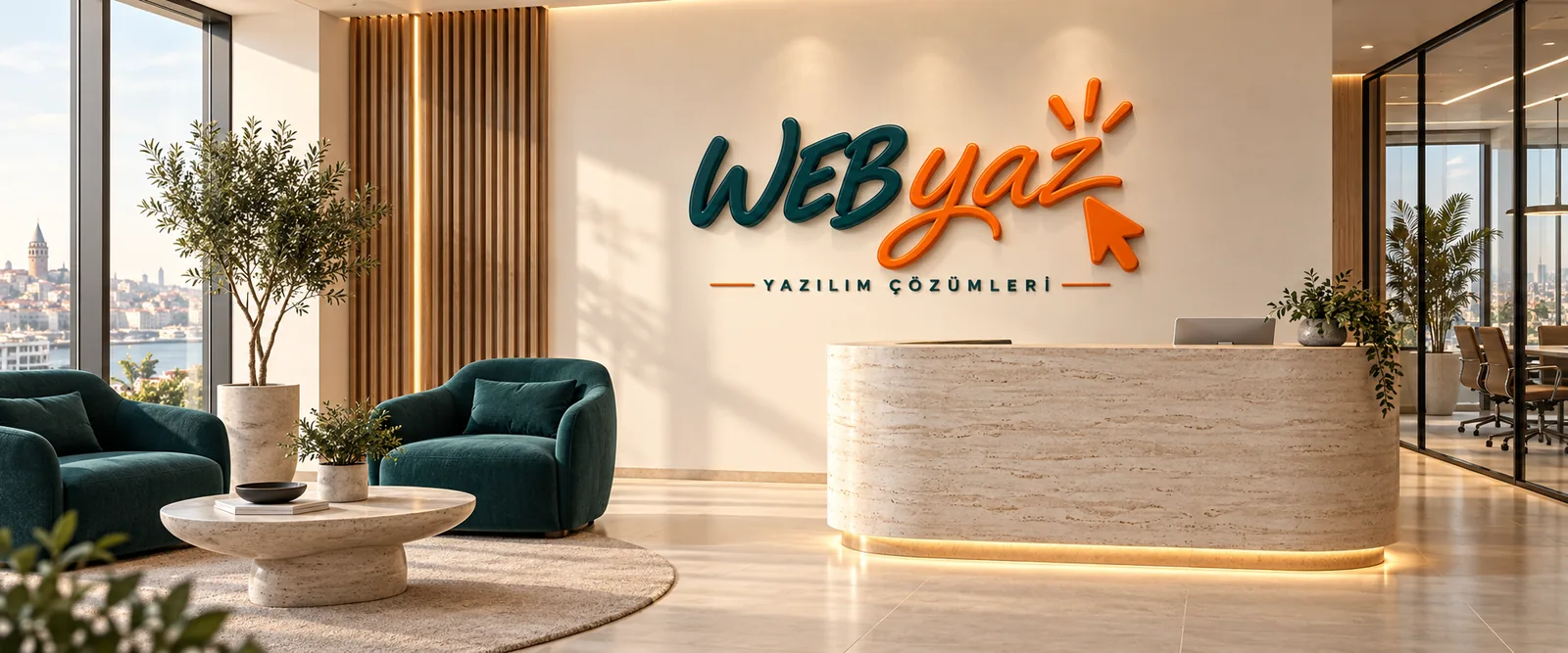 Duvarda Webyaz logosu, petrol yeşili oturma alanı ve krem resepsiyonla hazırlanmış modern ofis konsepti