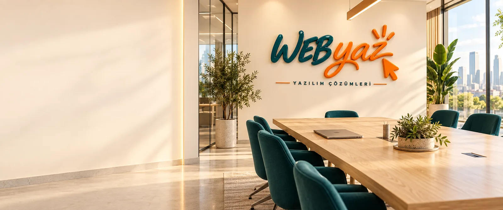 Webyaz logosuyla tasarlanmış, doğal ışık alan modern toplantı odası konsepti